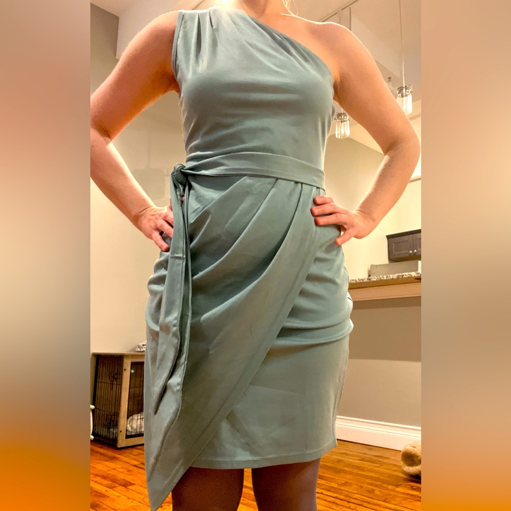 Pretty Garden knee length, one shoulder ruched shoulder dress with waist tie